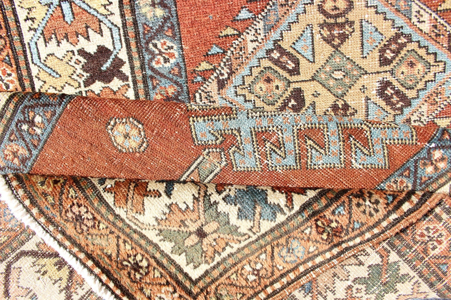 Antique Persian Searpi Runner with Geometric Medallions in Orange, Blue, Ivory Sub - Geometric Medallion design Persian serapi antique runner inivory, blue and orange , rug R20 - 0724, country of origin / type: Iran / serapi, circa 1920 This... - Keivan Woven ArtsR20 - 0724 - 13066Rug