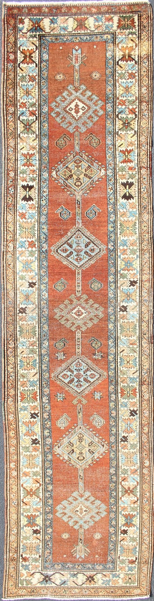 Antique Persian Searpi Runner with Geometric Medallions in Orange, Blue, Ivory Sub - Geometric Medallion design Persian serapi antique runner inivory, blue and orange , rug R20 - 0724, country of origin / type: Iran / serapi, circa 1920 This... - Keivan Woven ArtsR20 - 0724 - 13066Rug