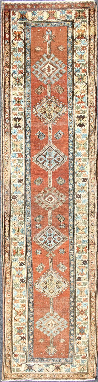 Antique Persian Searpi Runner with Geometric Medallions in Orange, Blue, Ivory Sub - Geometric Medallion design Persian serapi antique runner inivory, blue and orange , rug R20 - 0724, country of origin / type: Iran / serapi, circa 1920 This... - Keivan Woven ArtsR20 - 0724 - 13066Rug