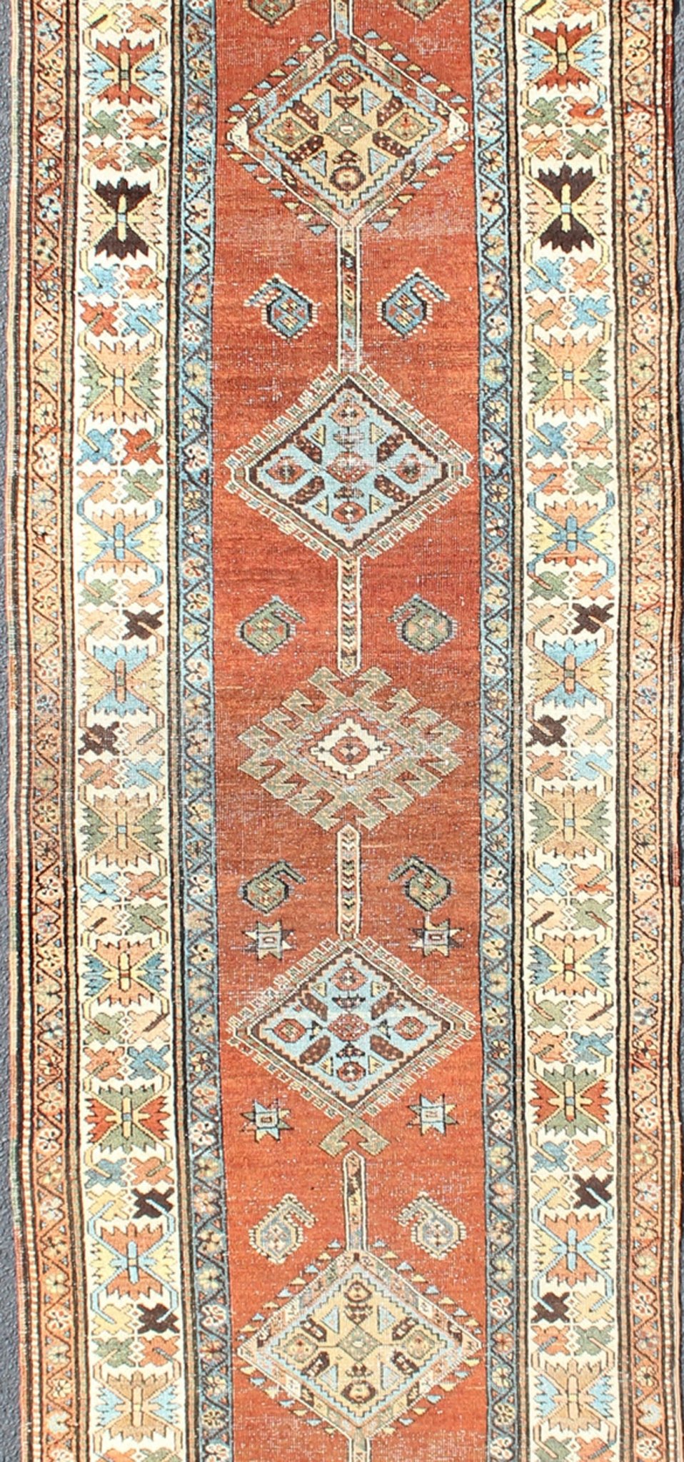 Antique Persian Searpi Runner with Geometric Medallions in Orange, Blue, Ivory Sub - Geometric Medallion design Persian serapi antique runner inivory, blue and orange , rug R20 - 0724, country of origin / type: Iran / serapi, circa 1920 This... - Keivan Woven ArtsR20 - 0724 - 13066Rug