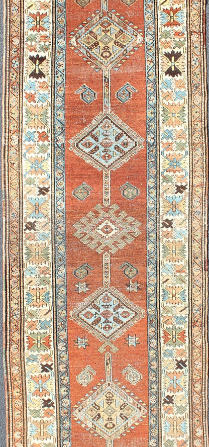 Antique Persian Searpi Runner with Geometric Medallions in Orange, Blue, Ivory Sub - Geometric Medallion design Persian serapi antique runner inivory, blue and orange , rug R20 - 0724, country of origin / type: Iran / serapi, circa 1920 This... - Keivan Woven ArtsR20 - 0724 - 13066Rug