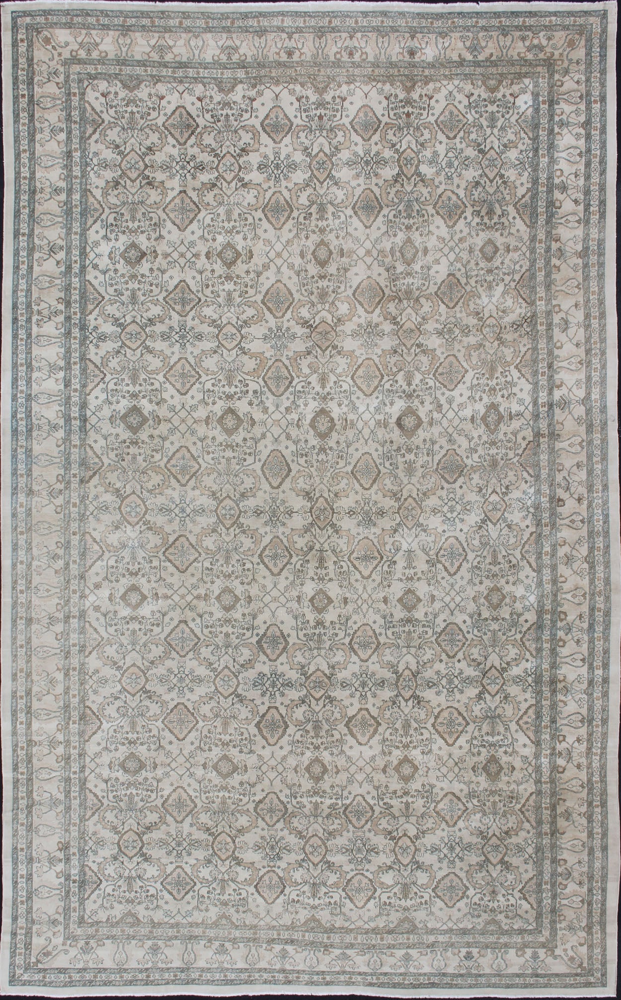 Very Large Vintage Sultanabad Rug in Ivory, Blue, Taupe, Brown, Coral Vintage Sultanabad design rug in all over geometric with ivory background in light brown, blue, brown, charcoal, coral, salmon in sub - Geometric design, rug DSP878, country o... - Keivan Woven ArtsR20 - 0726 - BC - 11190 - 12897Rug