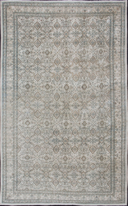 Very Large Vintage Sultanabad Rug in Ivory, Blue, Taupe, Brown, Coral Vintage Sultanabad design rug in all over geometric with ivory background in light brown, blue, brown, charcoal, coral, salmon in sub - Geometric design, rug DSP878, country o... - Keivan Woven ArtsR20 - 0726 - BC - 11190 - 12897Rug