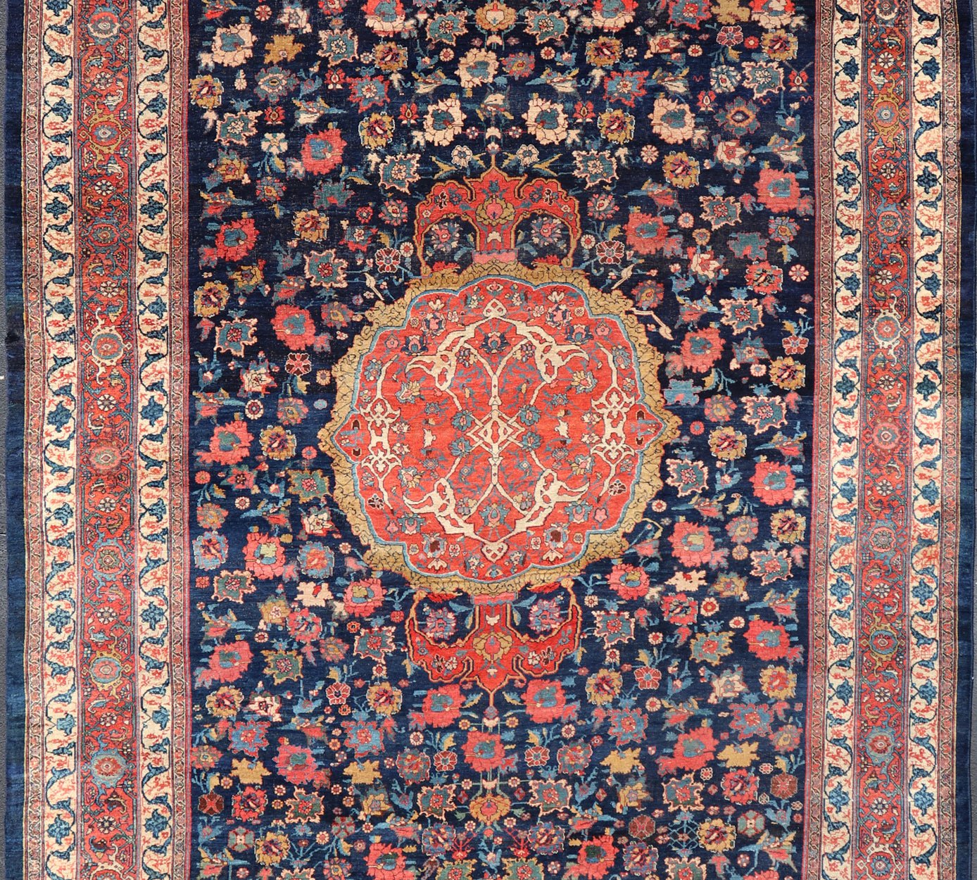 Mid 19th Century Antique Persian Bidjar Rug with Central Medallion on Navy Field. Colorful Antique Persian large Bidjar rug with central medallion and all over rose and flower pattern. set on a navy blue background, rug R20 - 0803, country of ori... - Keivan Woven ArtsR20 - 0803 - 13036