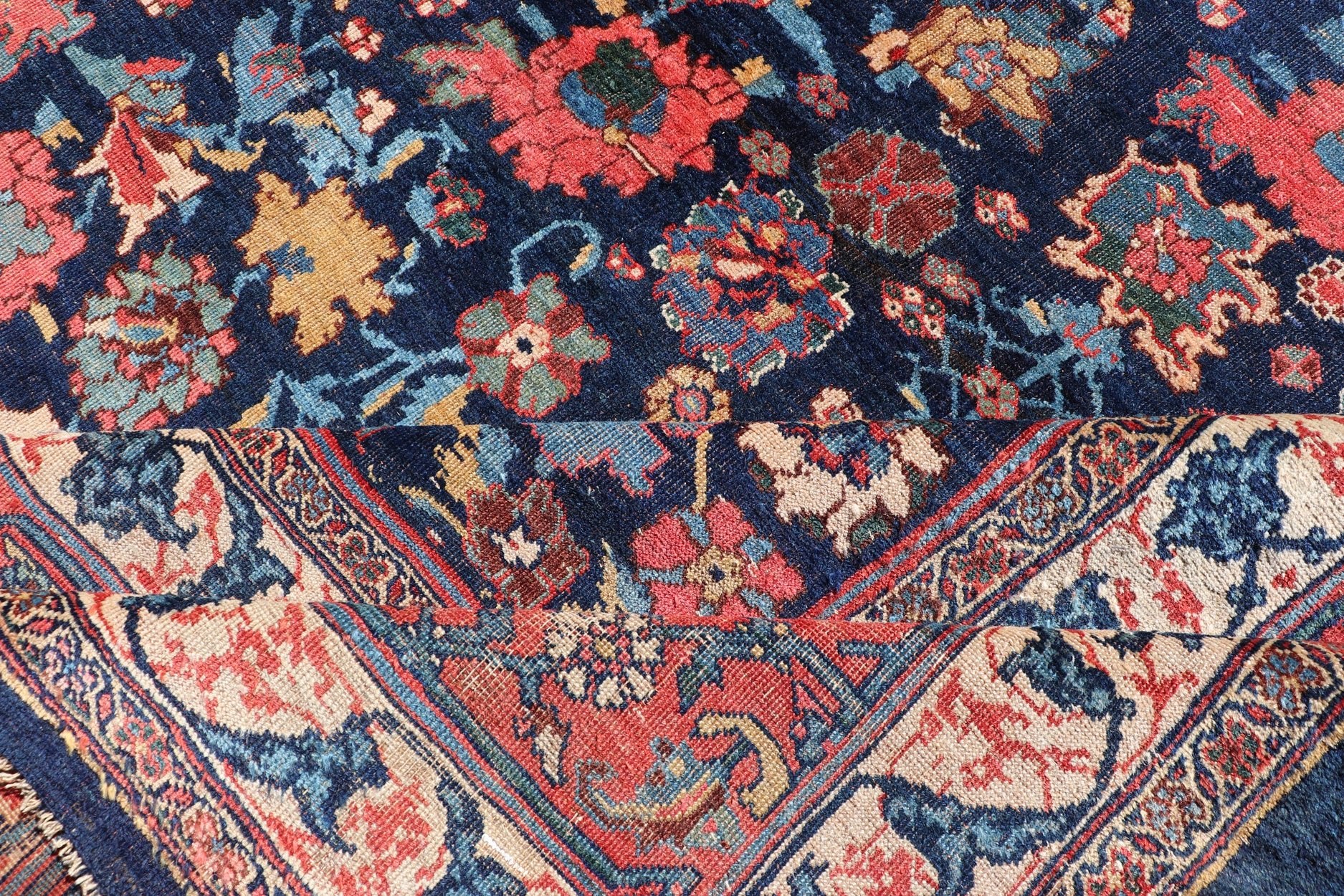 Mid 19th Century Antique Persian Bidjar Rug with Central Medallion on Navy Field. Colorful Antique Persian large Bidjar rug with central medallion and all over rose and flower pattern. set on a navy blue background, rug R20 - 0803, country of ori... - Keivan Woven ArtsR20 - 0803 - 13036