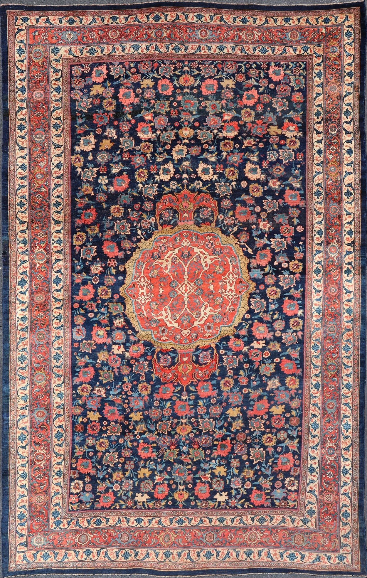 Mid 19th Century Antique Persian Bidjar Rug with Central Medallion on Navy Field. Colorful Antique Persian large Bidjar rug with central medallion and all over rose and flower pattern. set on a navy blue background, rug R20 - 0803, country of ori... - Keivan Woven ArtsR20 - 0803 - 13036