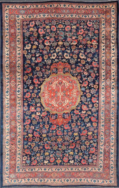 Mid 19th Century Antique Persian Bidjar Rug with Central Medallion on Navy Field. Colorful Antique Persian large Bidjar rug with central medallion and all over rose and flower pattern. set on a navy blue background, rug R20 - 0803, country of ori... - Keivan Woven ArtsR20 - 0803 - 13036