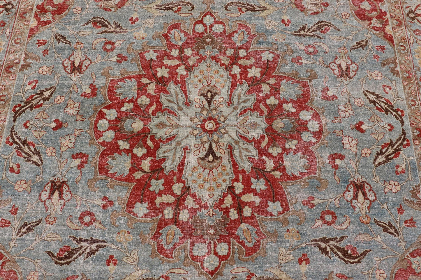 Measures: 11'2 x 17'2 Antique Persian Rug with Fine Weave Tabriz in Light Blue Background and Orange Finely woven antique Tabriz rug with circular, script - style medallion and blue field, Keivan Woven Arts / rug / R20 - 0804. Classic Persian r... - Keivan Woven ArtsR20 - 0804 - 13098Rug