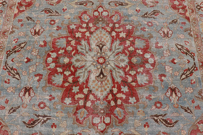 Measures: 11'2 x 17'2 Antique Persian Rug with Fine Weave Tabriz in Light Blue Background and Orange Finely woven antique Tabriz rug with circular, script - style medallion and blue field, Keivan Woven Arts / rug / R20 - 0804. Classic Persian r... - Keivan Woven ArtsR20 - 0804 - 13098Rug