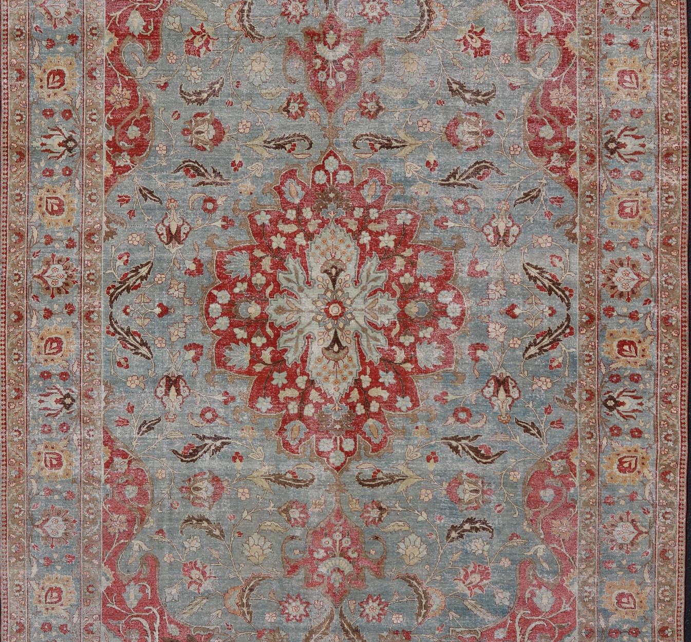 Measures: 11'2 x 17'2 Antique Persian Rug with Fine Weave Tabriz in Light Blue Background and Orange Finely woven antique Tabriz rug with circular, script - style medallion and blue field, Keivan Woven Arts / rug / R20 - 0804. Classic Persian r... - Keivan Woven ArtsR20 - 0804 - 13098Rug
