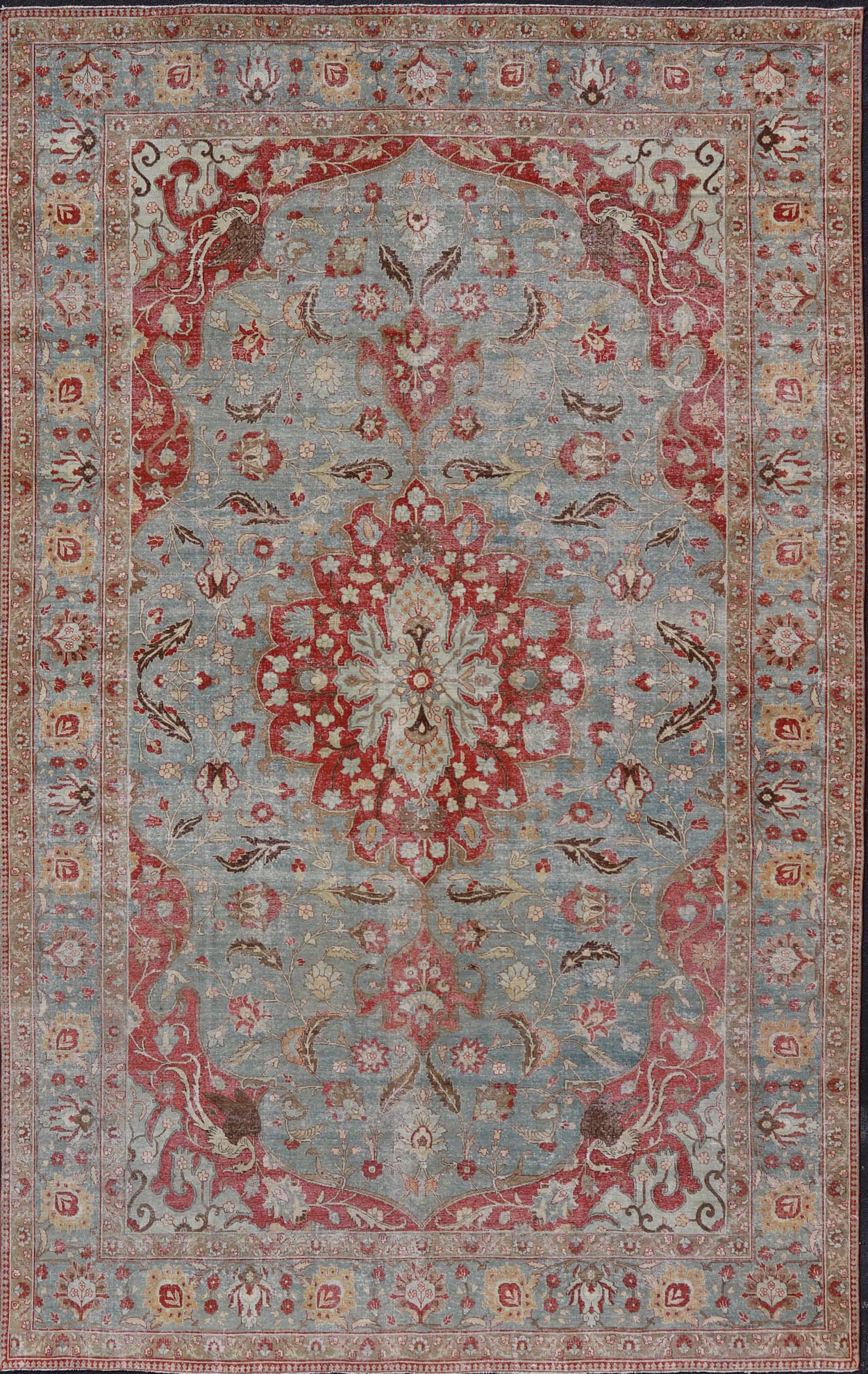 Measures: 11'2 x 17'2 Antique Persian Rug with Fine Weave Tabriz in Light Blue Background and Orange Finely woven antique Tabriz rug with circular, script - style medallion and blue field, Keivan Woven Arts / rug / R20 - 0804. Classic Persian r... - Keivan Woven ArtsR20 - 0804 - 13098Rug