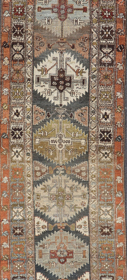 Distressed Persian Heriz - Serapi Runner with Multi Medallions in charcoal, green, terracotta, red, taupe, salmon. Distressed antique runner, distressed Persian runner, Persian distressed rug Heriz Searpi runner with multi - medallion and geometric ... - Keivan Woven ArtsR20 - 0808 - 13176Rug