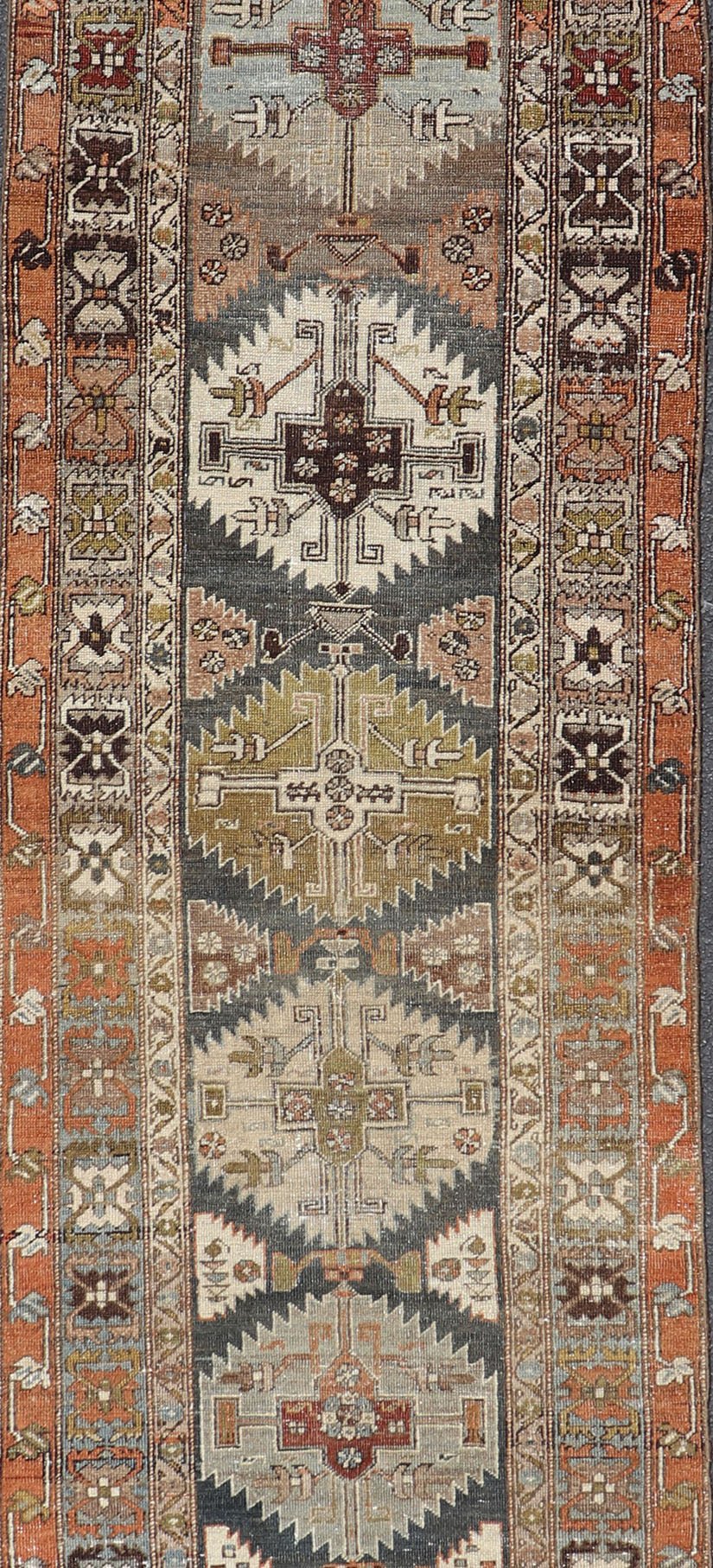 Distressed Persian Heriz - Serapi Runner with Multi Medallions in charcoal, green, terracotta, red, taupe, salmon. Distressed antique runner, distressed Persian runner, Persian distressed rug Heriz Searpi runner with multi - medallion and geometric ... - Keivan Woven ArtsR20 - 0808 - 13176