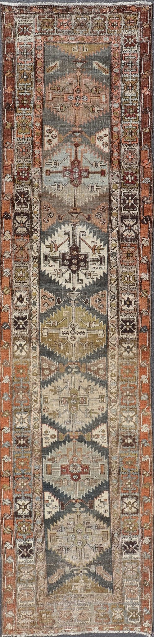 Distressed Persian Heriz - Serapi Runner with Multi Medallions in charcoal, green, terracotta, red, taupe, salmon. Distressed antique runner, distressed Persian runner, Persian distressed rug Heriz Searpi runner with multi - medallion and geometric ... - Keivan Woven ArtsR20 - 0808 - 13176