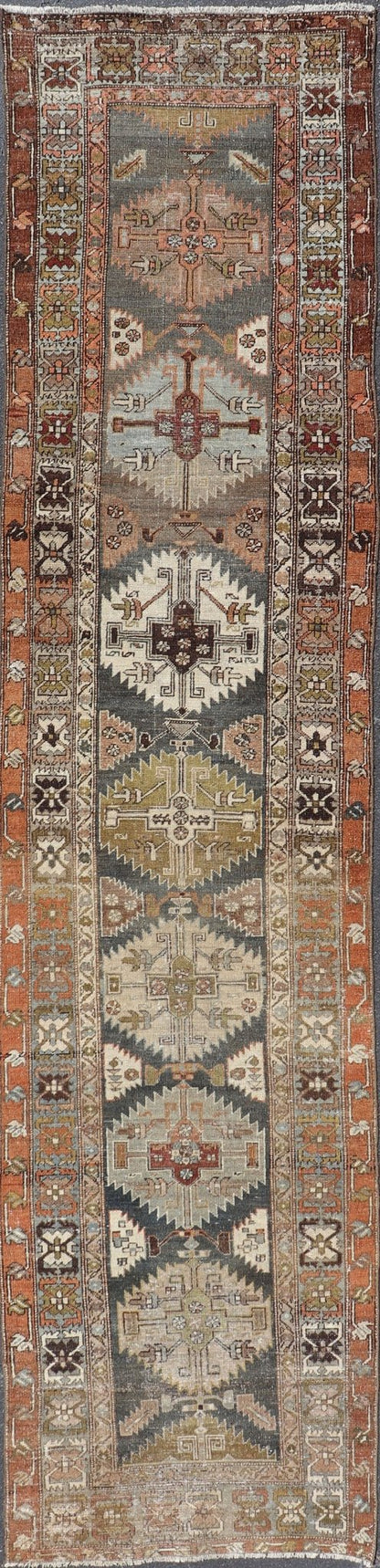 Distressed Persian Heriz - Serapi Runner with Multi Medallions in charcoal, green, terracotta, red, taupe, salmon. Distressed antique runner, distressed Persian runner, Persian distressed rug Heriz Searpi runner with multi - medallion and geometric ... - Keivan Woven ArtsR20 - 0808 - 13176