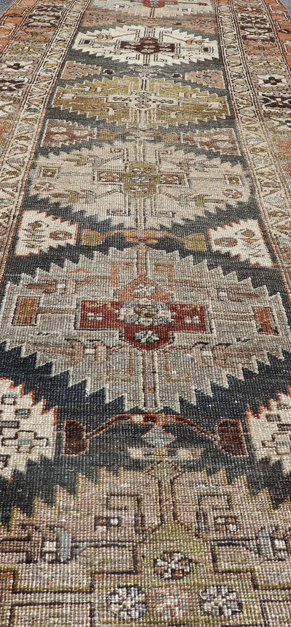 Distressed Persian Heriz - Serapi Runner with Multi Medallions in charcoal, green, terracotta, red, taupe, salmon. Distressed antique runner, distressed Persian runner, Persian distressed rug Heriz Searpi runner with multi - medallion and geometric ... - Keivan Woven ArtsR20 - 0808 - 13176