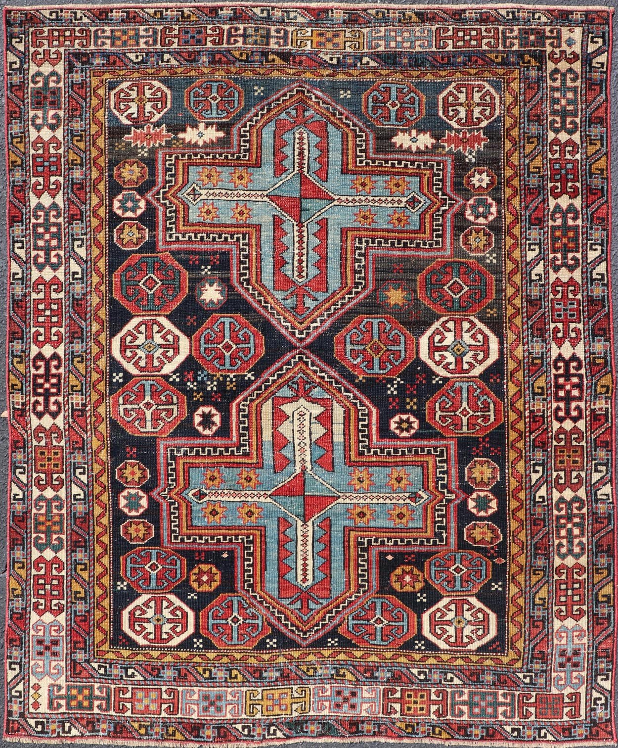 Sqaure Antique Colorful Kuba Caucasian Rug with Cross Medallions. Keivan Woven Arts. rug R20 - 0818, country of origin / type: Caucuses / Kuba, circa late - 19th Century. Measures: 3'11 x 4'8 This wonderfully colored Kuba rug from the southern Caucas... - Keivan Woven ArtsR20 - 0818 - 13258Rug