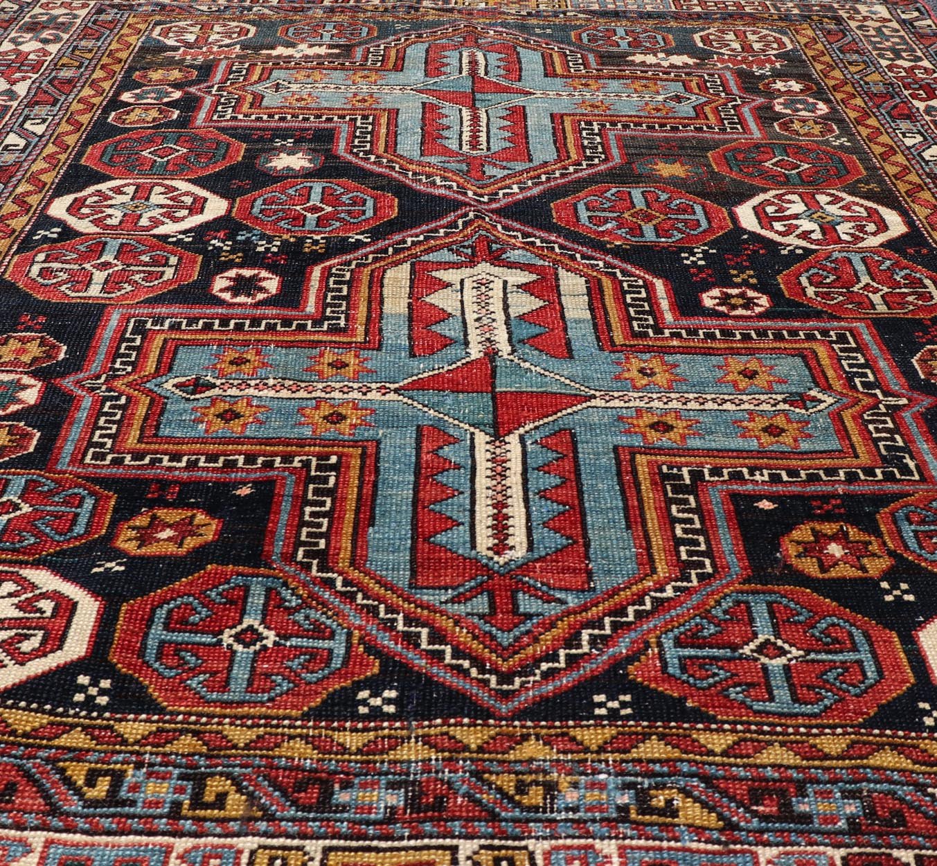 Sqaure Antique Colorful Kuba Caucasian Rug with Cross Medallions. Keivan Woven Arts. rug R20 - 0818, country of origin / type: Caucuses / Kuba, circa late - 19th Century. Measures: 3'11 x 4'8 This wonderfully colored Kuba rug from the southern Caucas... - Keivan Woven ArtsR20 - 0818 - 13258Rug