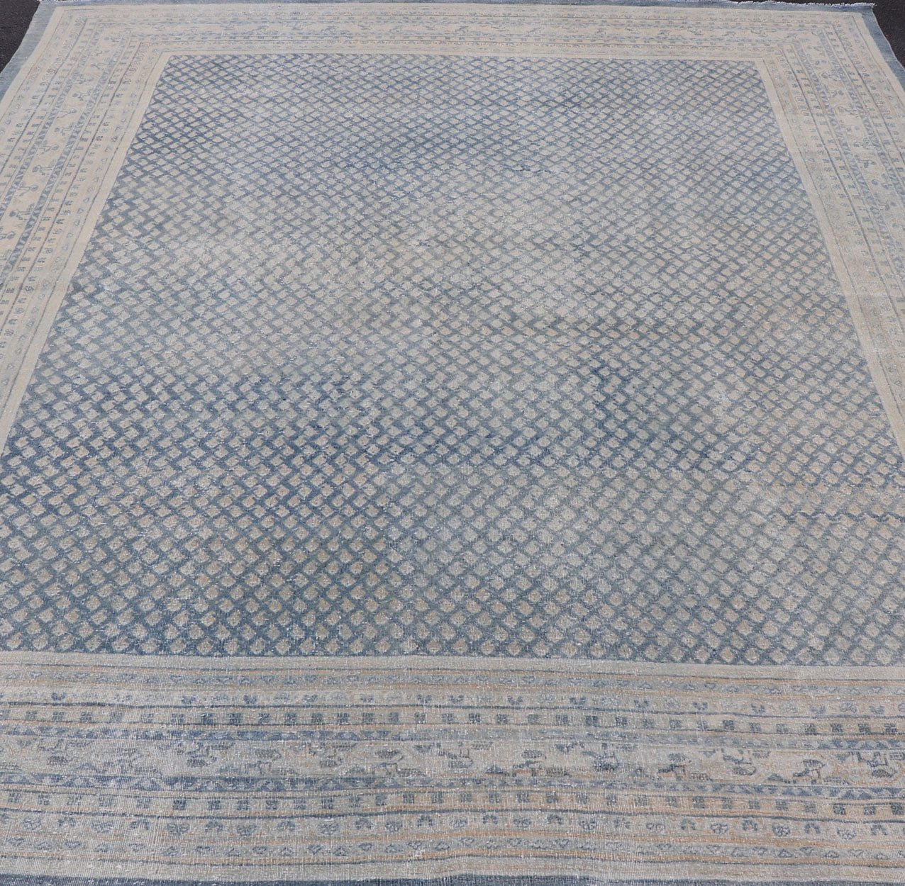 Minimalist Antique Persian Tabriz Rug with All Over Field in Light Blue Tones Minimalist Antique Persian Tabriz Rug with All Over Field and Light Blue, rug R20 - 0821, country of origin / type: Iran/ Tabriz , circa 1930. This Tabriz rug fea... - Keivan Woven ArtsR20 - 0821 - 13246Rug