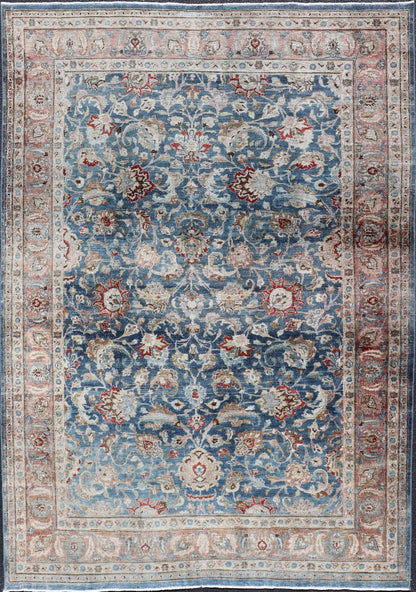 Antique Persian Mashad with Medium in Boteh Blue Background, Salmon Border Antique Persian Mashad rug with blue background and light rose border. Rug / R20 - 0824 Mashad is a major city in the north eastern Iran, located in the Khorossan Provin... - Keivan Woven ArtsR20 - 0824 - 13250