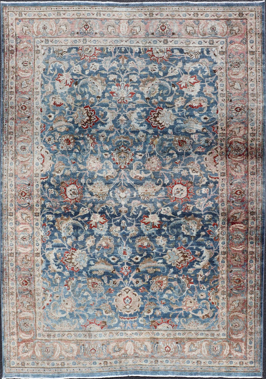 Antique Persian Mashad with Medium in Boteh Blue Background, Salmon Border Antique Persian Mashad rug with blue background and light rose border. Rug / R20 - 0824 Mashad is a major city in the north eastern Iran, located in the Khorossan Provin... - Keivan Woven ArtsR20 - 0824 - 13250