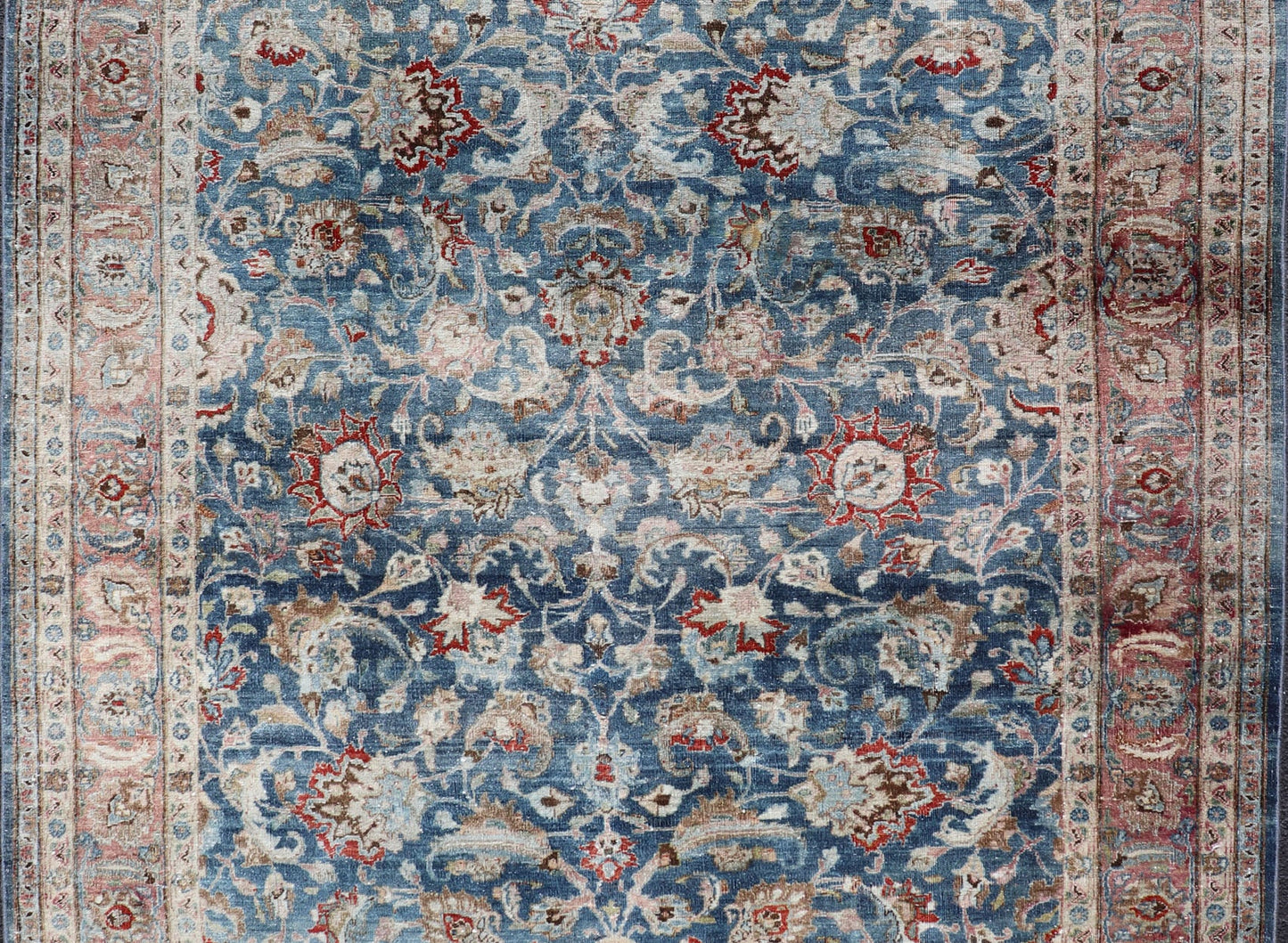 Antique Persian Mashad with Medium in Boteh Blue Background, Salmon Border Antique Persian Mashad rug with blue background and light rose border. Rug / R20 - 0824 Mashad is a major city in the north eastern Iran, located in the Khorossan Provin... - Keivan Woven ArtsR20 - 0824 - 13250