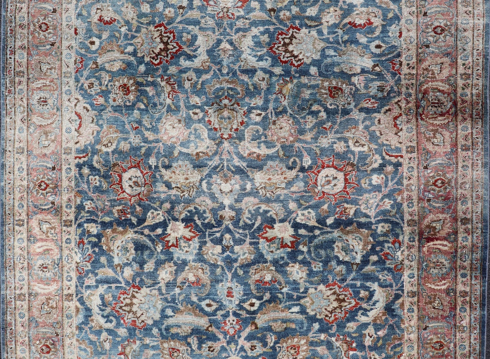 Antique Persian Mashad with Medium in Boteh Blue Background, Salmon Border Antique Persian Mashad rug with blue background and light rose border. Rug / R20 - 0824 Mashad is a major city in the north eastern Iran, located in the Khorossan Provin... - Keivan Woven ArtsR20 - 0824 - 13250