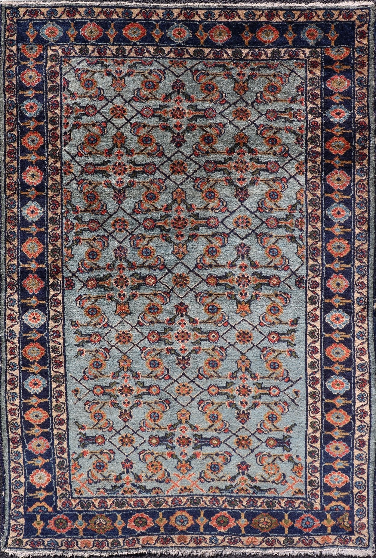 Dark and Blue Persian Antique Malayer Rug with Sub - Geometric Design Intricately designed antique Malayer small rug in light navy and light blue, rug R20 - 0827, country of origin / type: Iran / Malayer, circa 1920. This beautiful antique Ma... - Keivan Woven ArtsR20 - 0827 - 13350