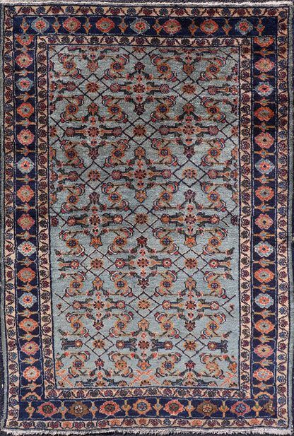 Dark and Blue Persian Antique Malayer Rug with Sub - Geometric Design Intricately designed antique Malayer small rug in light navy and light blue, rug R20 - 0827, country of origin / type: Iran / Malayer, circa 1920. This beautiful antique Ma... - Keivan Woven ArtsR20 - 0827 - 13350