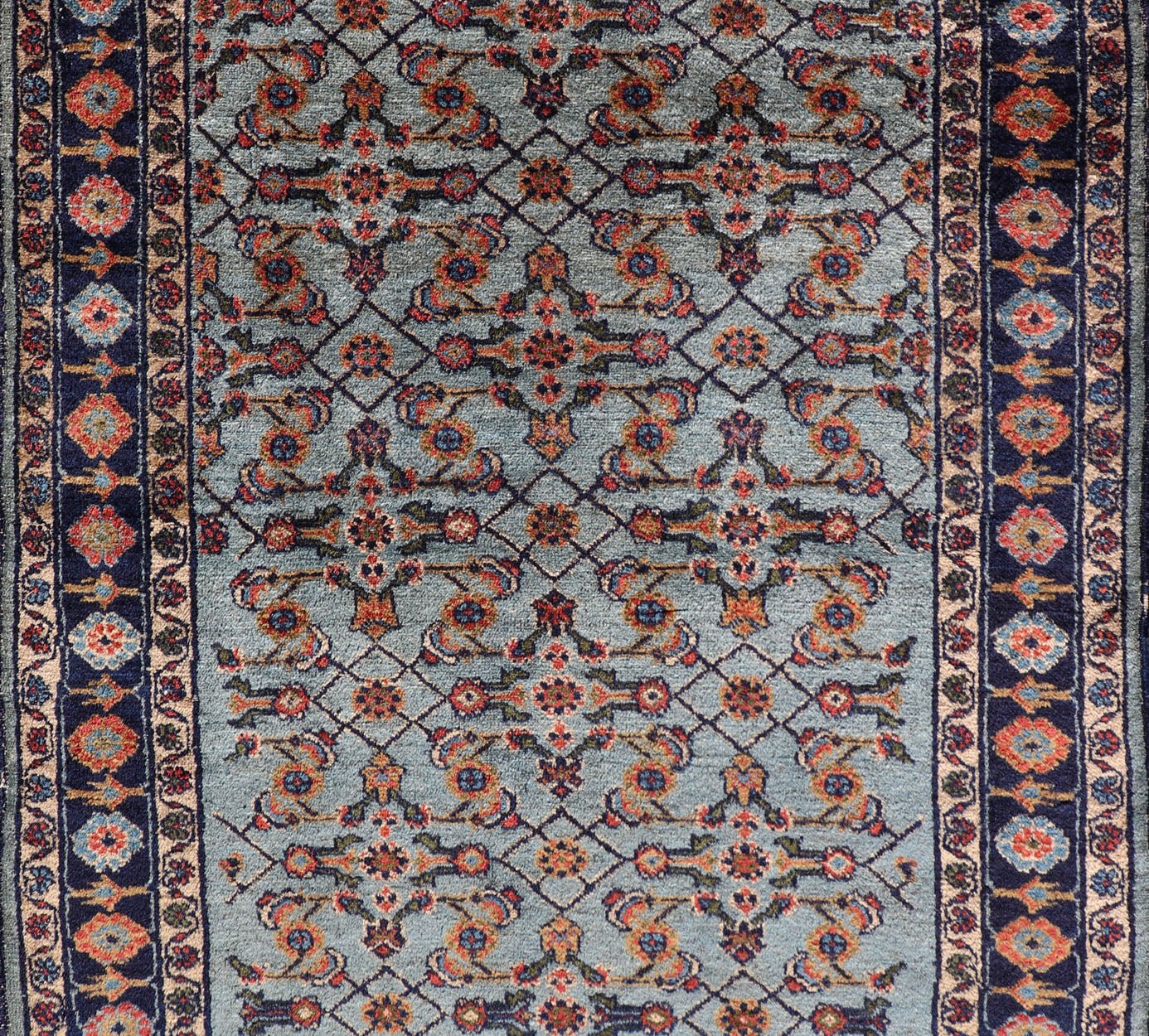 Dark and Blue Persian Antique Malayer Rug with Sub - Geometric Design Intricately designed antique Malayer small rug in light navy and light blue, rug R20 - 0827, country of origin / type: Iran / Malayer, circa 1920. This beautiful antique Ma... - Keivan Woven ArtsR20 - 0827 - 13350