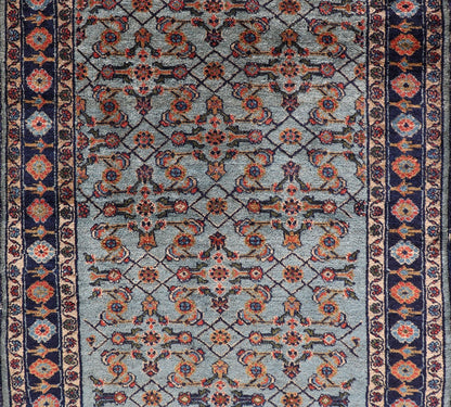 Dark and Blue Persian Antique Malayer Rug with Sub - Geometric Design Intricately designed antique Malayer small rug in light navy and light blue, rug R20 - 0827, country of origin / type: Iran / Malayer, circa 1920. This beautiful antique Ma... - Keivan Woven ArtsR20 - 0827 - 13350
