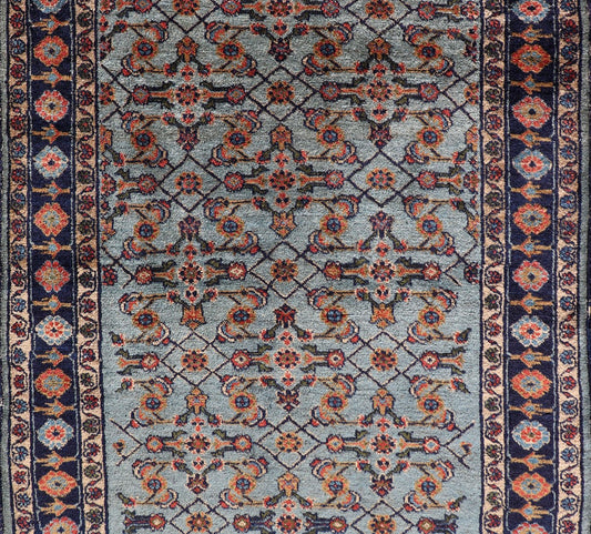 Dark and Blue Persian Antique Malayer Rug with Sub - Geometric Design Intricately designed antique Malayer small rug in light navy and light blue, rug R20 - 0827, country of origin / type: Iran / Malayer, circa 1920. This beautiful antique Ma... - Keivan Woven ArtsR20 - 0827 - 13350