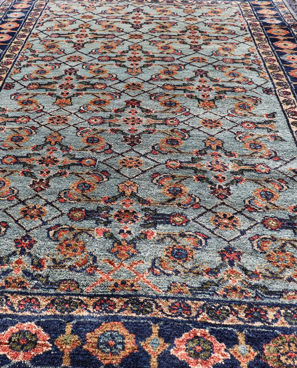 Dark and Blue Persian Antique Malayer Rug with Sub - Geometric Design Intricately designed antique Malayer small rug in light navy and light blue, rug R20 - 0827, country of origin / type: Iran / Malayer, circa 1920. This beautiful antique Ma... - Keivan Woven ArtsR20 - 0827 - 13350