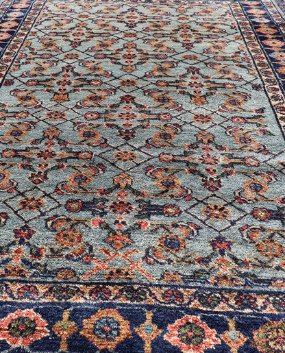 Dark and Blue Persian Antique Malayer Rug with Sub - Geometric Design Intricately designed antique Malayer small rug in light navy and light blue, rug R20 - 0827, country of origin / type: Iran / Malayer, circa 1920. This beautiful antique Ma... - Keivan Woven ArtsR20 - 0827 - 13350