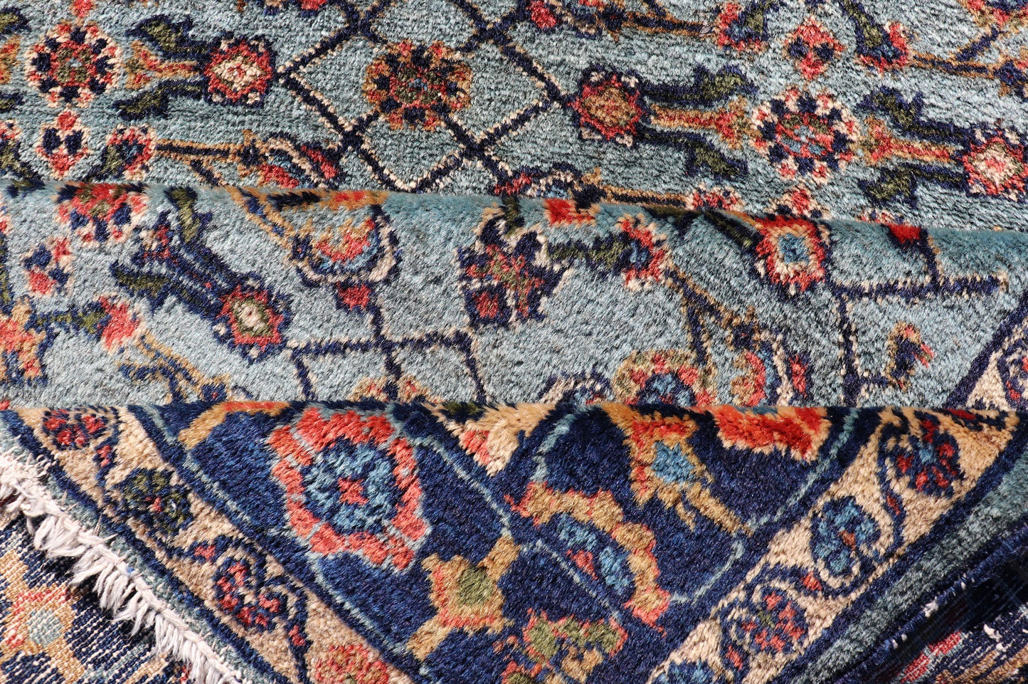 Dark and Blue Persian Antique Malayer Rug with Sub - Geometric Design Intricately designed antique Malayer small rug in light navy and light blue, rug R20 - 0827, country of origin / type: Iran / Malayer, circa 1920. This beautiful antique Ma... - Keivan Woven ArtsR20 - 0827 - 13350