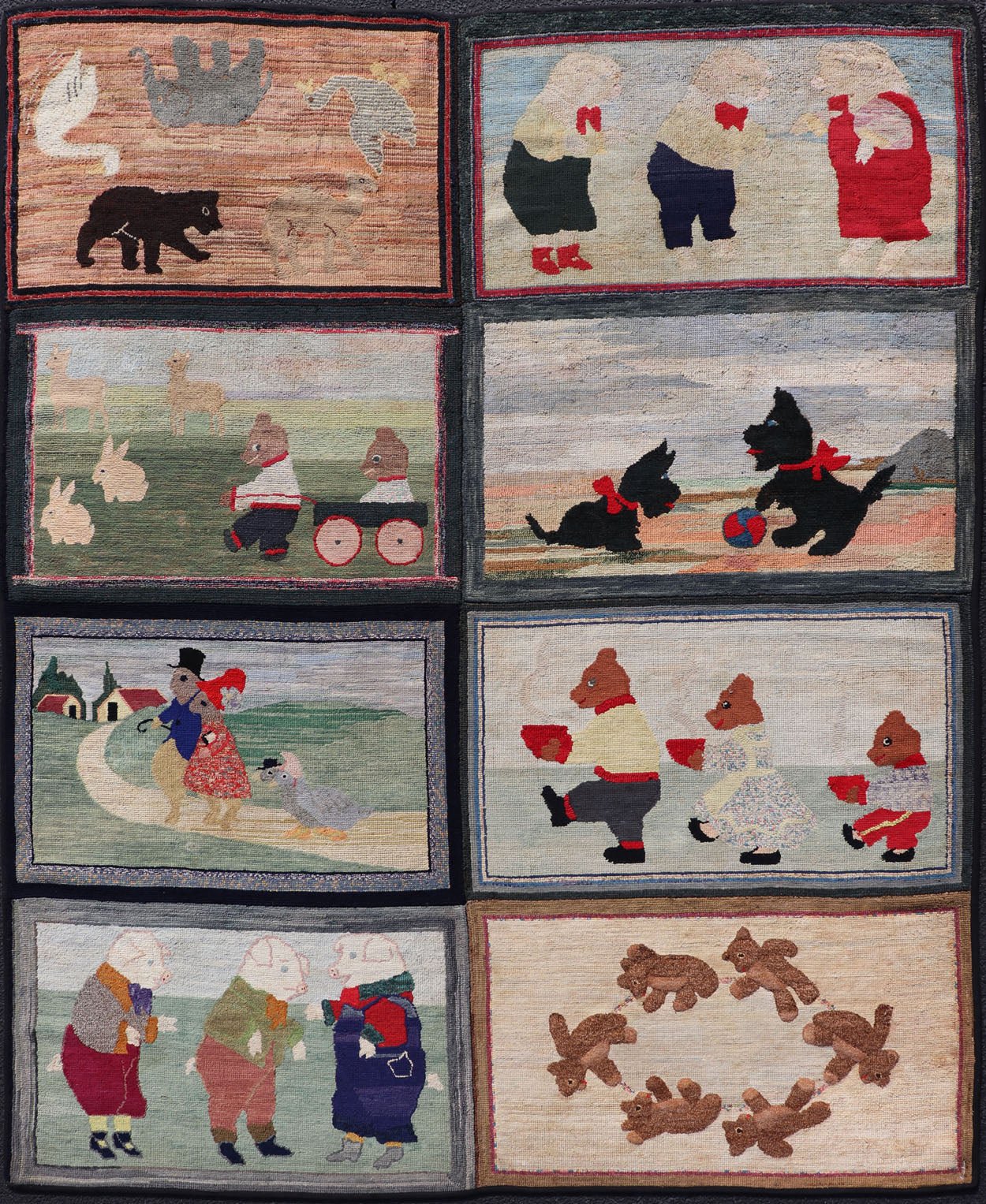Large American Antique Hooked Rug with Panel of Children's Rhymes in different character , Keivan Woven Arts/ rug R20 - 0829, country of origin / type: United States / Hooked, circa 1900 Measures: 6'8 x 8'2 This stunning antique hooked rug ... - Keivan Woven ArtsR20 - 0829 - 13358