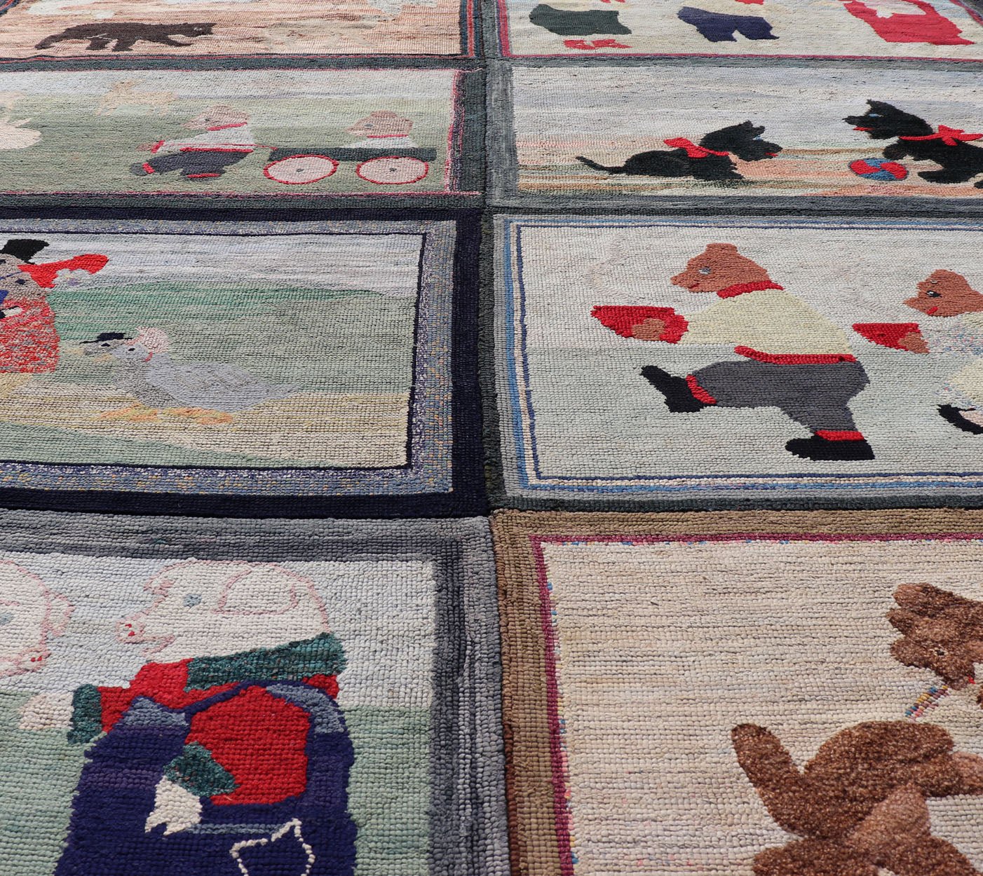 Large American Antique Hooked Rug with Panel of Children's Rhymes in different character , Keivan Woven Arts/ rug R20 - 0829, country of origin / type: United States / Hooked, circa 1900 Measures: 6'8 x 8'2 This stunning antique hooked rug ... - Keivan Woven ArtsR20 - 0829 - 13358
