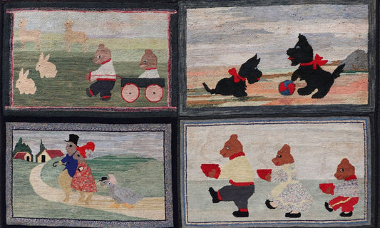 Large American Antique Hooked Rug with Panel of Children's Rhymes in different character , Keivan Woven Arts/ rug R20 - 0829, country of origin / type: United States / Hooked, circa 1900 Measures: 6'8 x 8'2 This stunning antique hooked rug ... - Keivan Woven ArtsR20 - 0829 - 13358
