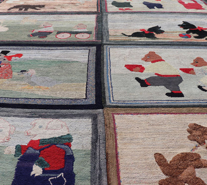 Large American Antique Hooked Rug with Panel of Children's Rhymes in different character , Keivan Woven Arts/ rug R20 - 0829, country of origin / type: United States / Hooked, circa 1900 Measures: 6'8 x 8'2 This stunning antique hooked rug ... - Keivan Woven ArtsR20 - 0829 - 13358Rug