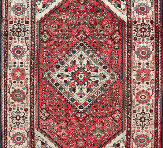 Semi Antique Persian Mahal Rug with Medallion Design in Soft Red and Wide Border Persian semi antique Mahal rug with medallion design in red and ivory, Keivan Woven Arts / rug R20 - 0830, country of origin / type: Iran / Sultanabad, circa mid - 20th... - Keivan Woven ArtsR20 - 0830 - 13364