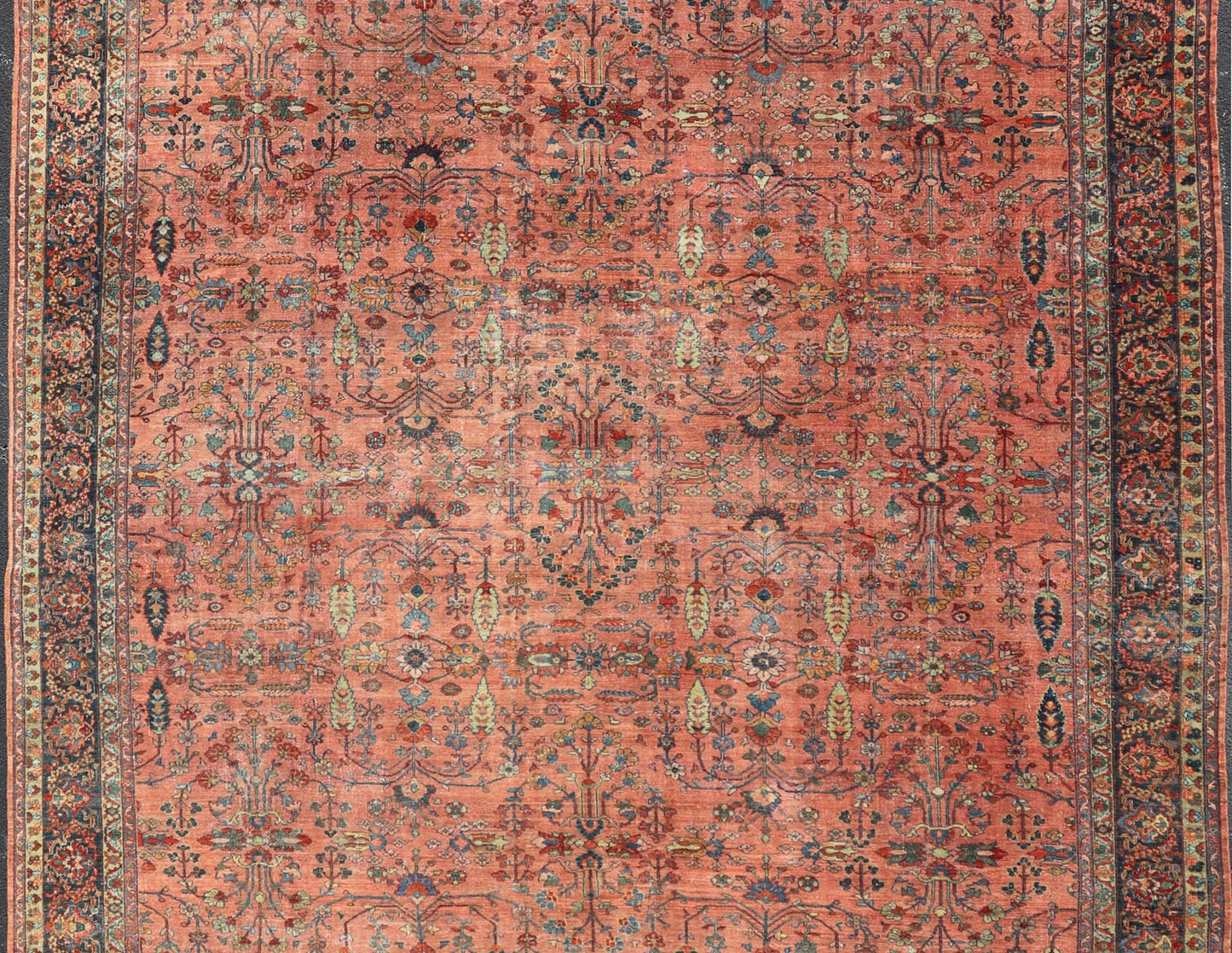Measures: 14'10 x 20'0 Distressed Antique Persian Mahal Rug In Faded Red With All - Over Floral Design. Keivan Woven Arts / rug R20 - 0833, country of origin / type: Iran / Mahal, circa 1920s This beautiful antique Persian Mahal rug features an ... - Keivan Woven ArtsR20 - 0833 - 13368