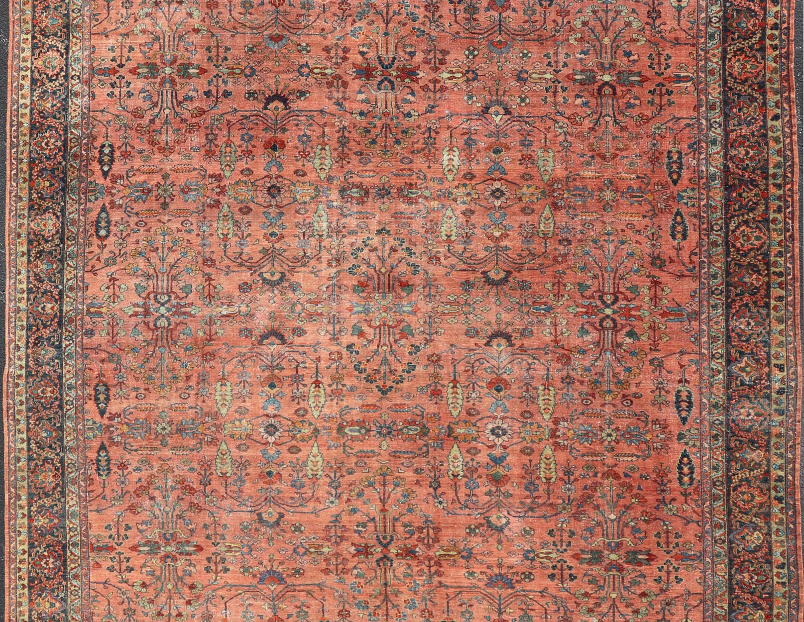 Measures: 14'10 x 20'0 Distressed Antique Persian Mahal Rug In Faded Red With All - Over Floral Design. Keivan Woven Arts / rug R20 - 0833, country of origin / type: Iran / Mahal, circa 1920s This beautiful antique Persian Mahal rug features an ... - Keivan Woven ArtsR20 - 0833 - 13368