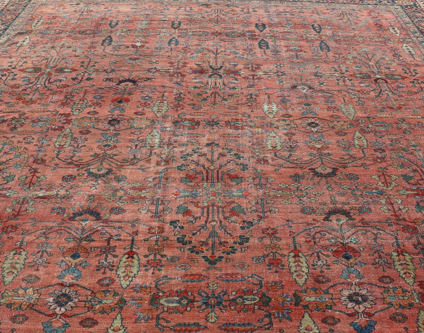 Measures: 14'10 x 20'0 Distressed Antique Persian Mahal Rug In Faded Red With All - Over Floral Design. Keivan Woven Arts / rug R20 - 0833, country of origin / type: Iran / Mahal, circa 1920s This beautiful antique Persian Mahal rug features an ... - Keivan Woven ArtsR20 - 0833 - 13368