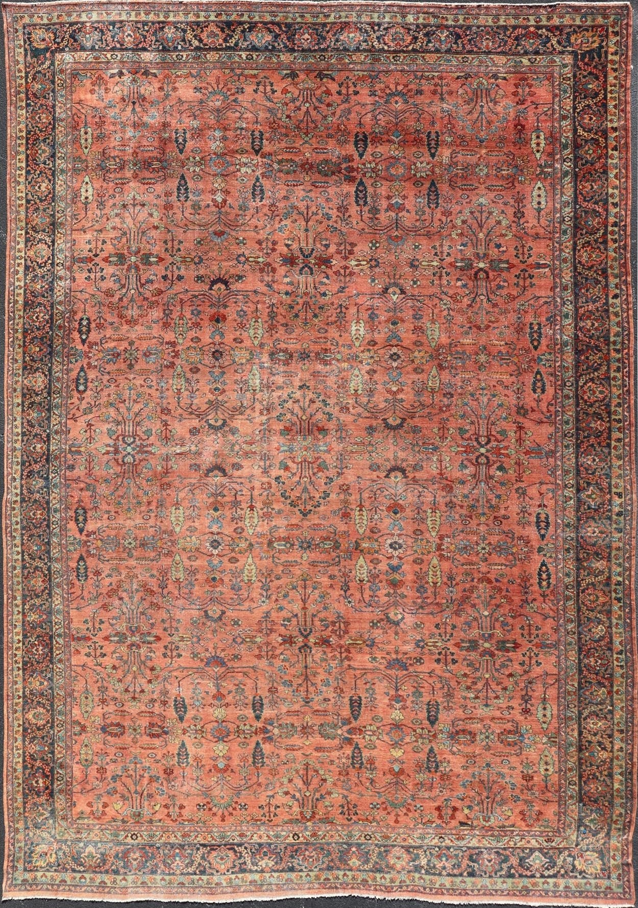 Measures: 14'10 x 20'0 Distressed Antique Persian Mahal Rug In Faded Red With All - Over Floral Design. Keivan Woven Arts / rug R20 - 0833, country of origin / type: Iran / Mahal, circa 1920s This beautiful antique Persian Mahal rug features an ... - Keivan Woven ArtsR20 - 0833 - 13368