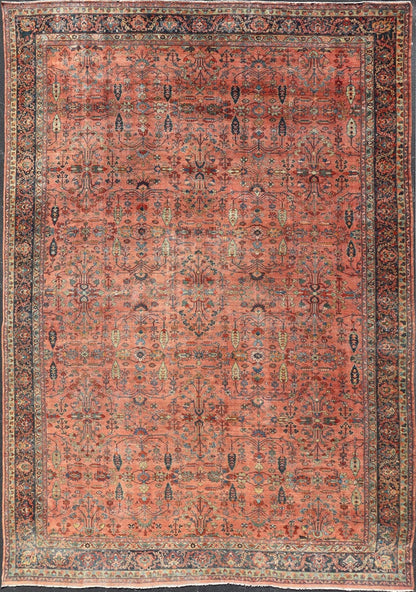 Measures: 14'10 x 20'0 Distressed Antique Persian Mahal Rug In Faded Red With All - Over Floral Design. Keivan Woven Arts / rug R20 - 0833, country of origin / type: Iran / Mahal, circa 1920s This beautiful antique Persian Mahal rug features an ... - Keivan Woven ArtsR20 - 0833 - 13368