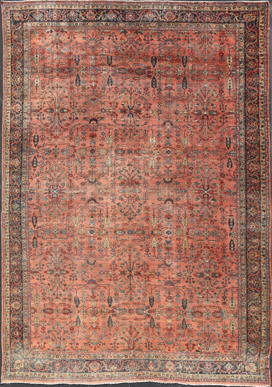 Measures: 14'10 x 20'0 Distressed Antique Persian Mahal Rug In Faded Red With All - Over Floral Design. Keivan Woven Arts / rug R20 - 0833, country of origin / type: Iran / Mahal, circa 1920s This beautiful antique Persian Mahal rug features an ... - Keivan Woven ArtsR20 - 0833 - 13368