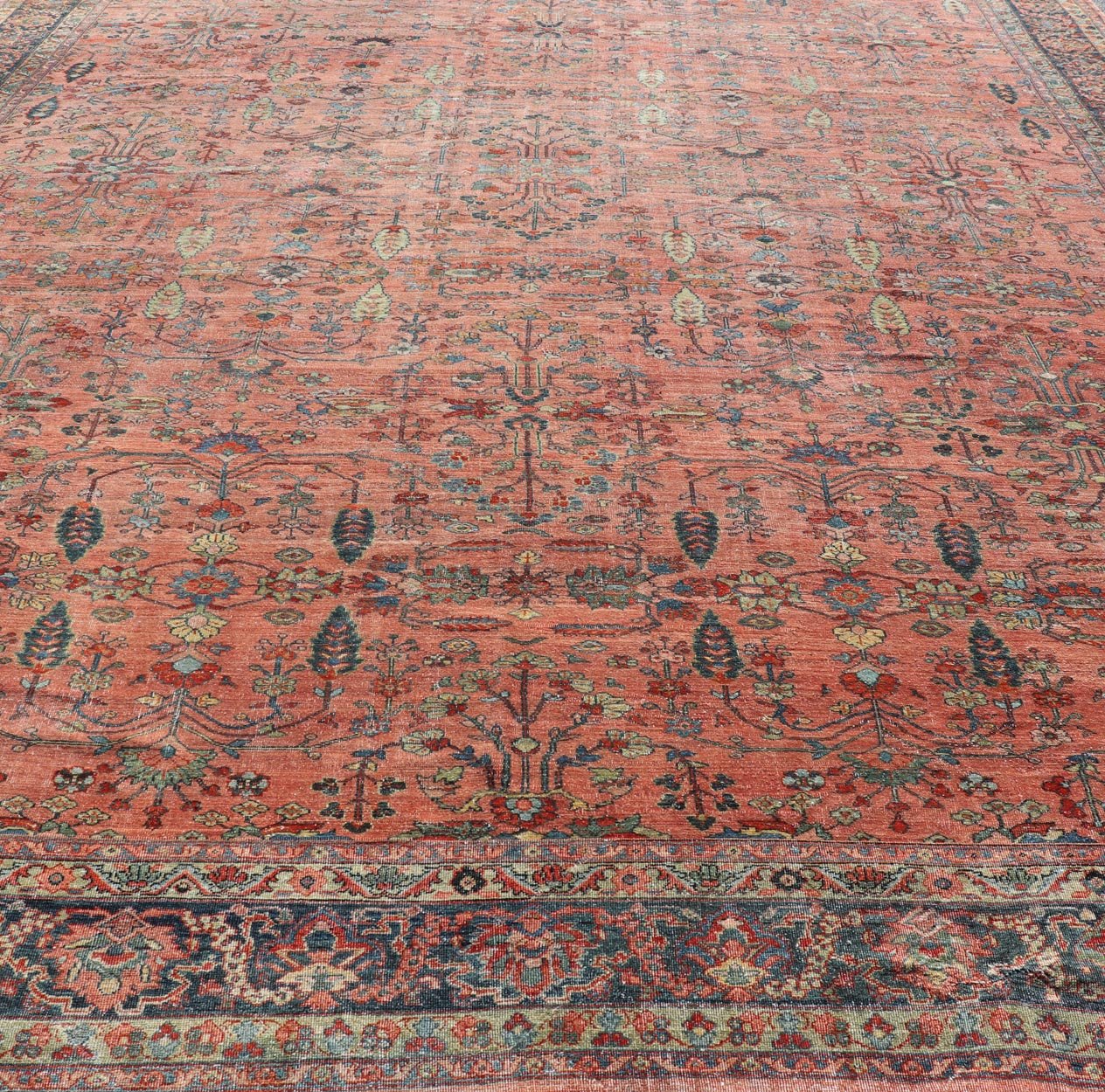 Measures: 14'10 x 20'0 Distressed Antique Persian Mahal Rug In Faded Red With All - Over Floral Design. Keivan Woven Arts / rug R20 - 0833, country of origin / type: Iran / Mahal, circa 1920s This beautiful antique Persian Mahal rug features an ... - Keivan Woven ArtsR20 - 0833 - 13368