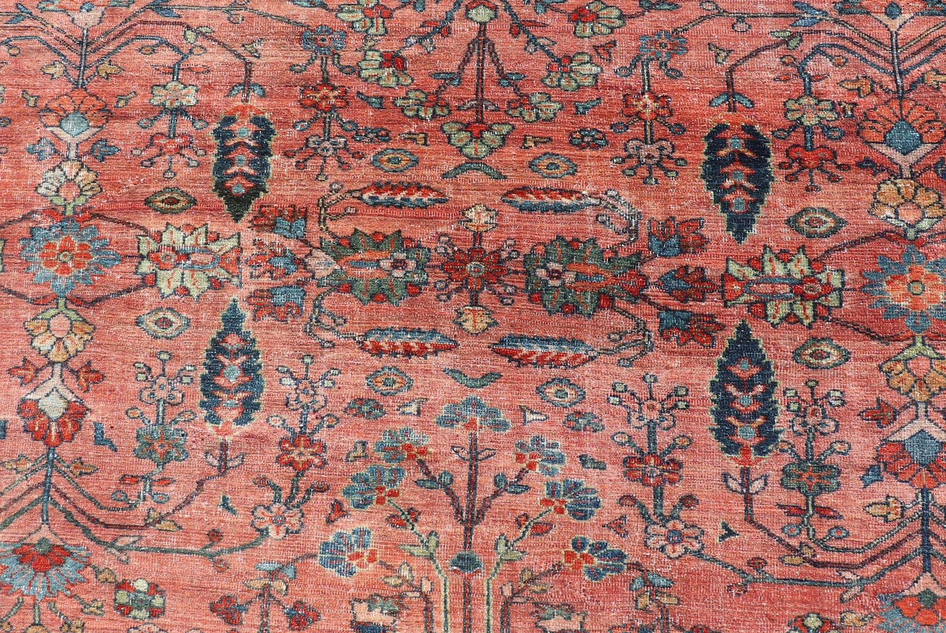 Measures: 14'10 x 20'0 Distressed Antique Persian Mahal Rug In Faded Red With All - Over Floral Design. Keivan Woven Arts / rug R20 - 0833, country of origin / type: Iran / Mahal, circa 1920s This beautiful antique Persian Mahal rug features an ... - Keivan Woven ArtsR20 - 0833 - 13368