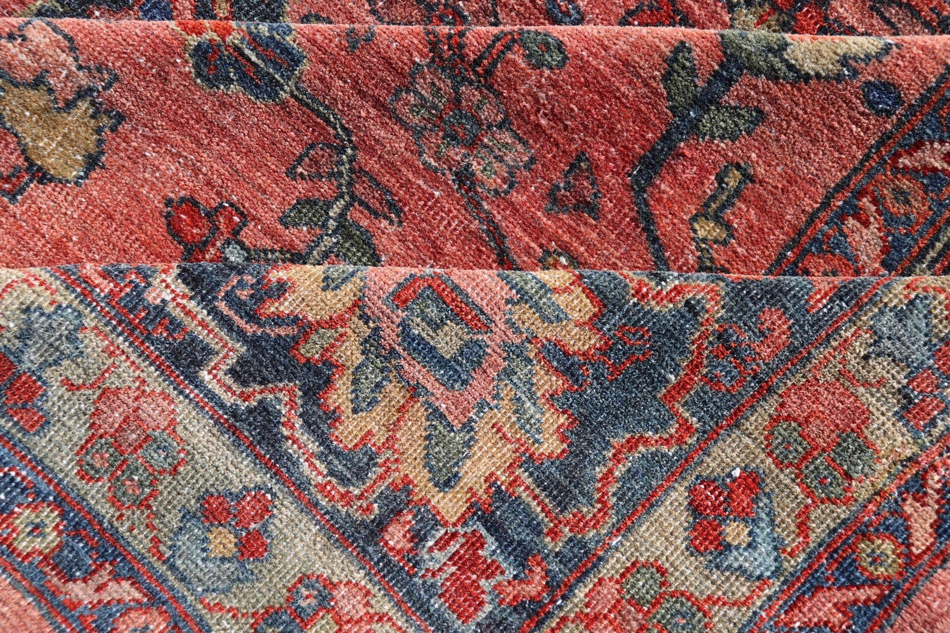 Measures: 14'10 x 20'0 Distressed Antique Persian Mahal Rug In Faded Red With All - Over Floral Design. Keivan Woven Arts / rug R20 - 0833, country of origin / type: Iran / Mahal, circa 1920s This beautiful antique Persian Mahal rug features an ... - Keivan Woven ArtsR20 - 0833 - 13368