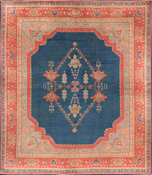 Large Antique Turkish Oushak Rug in Vibrant Blue and Red with Medallion Design Squared Shape Antique Turkish Oushak rug in vibrant blue, red, medallion geometric design, kwarugs Keivan Woven Arts / R20 - 0834. Colorful Oushak in vibrant colors. ... - Keivan Woven ArtsR20 - 0834 - 13374Rug